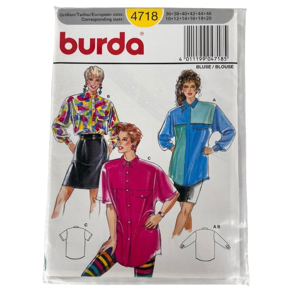 Burda 4718 Sewing Pattern Misses Blouse Shirt Tunic Size 10-20 Long Short Sleeve